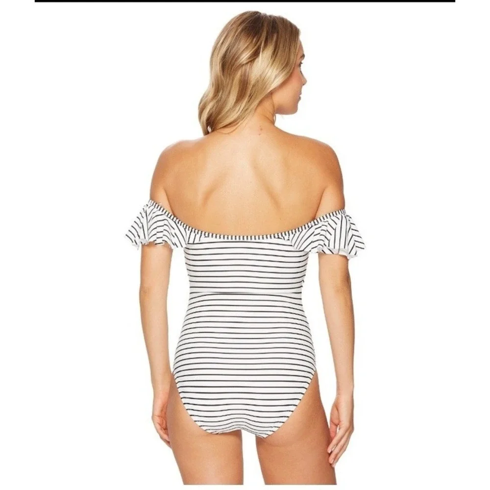 Vince Camuto Off The Shoulder Ruffle Striped One Piece‎ Swimsuit Size 14 1397